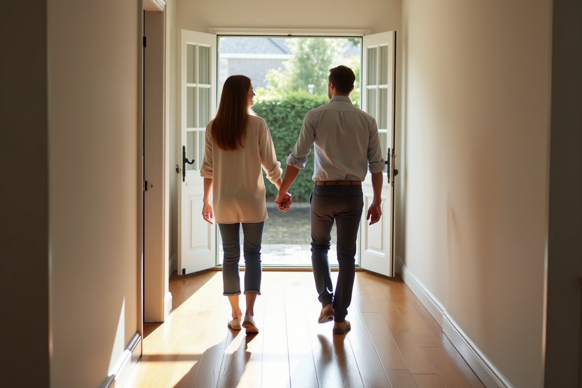 Jeune femme guidant un couple dans une maison lumineuse