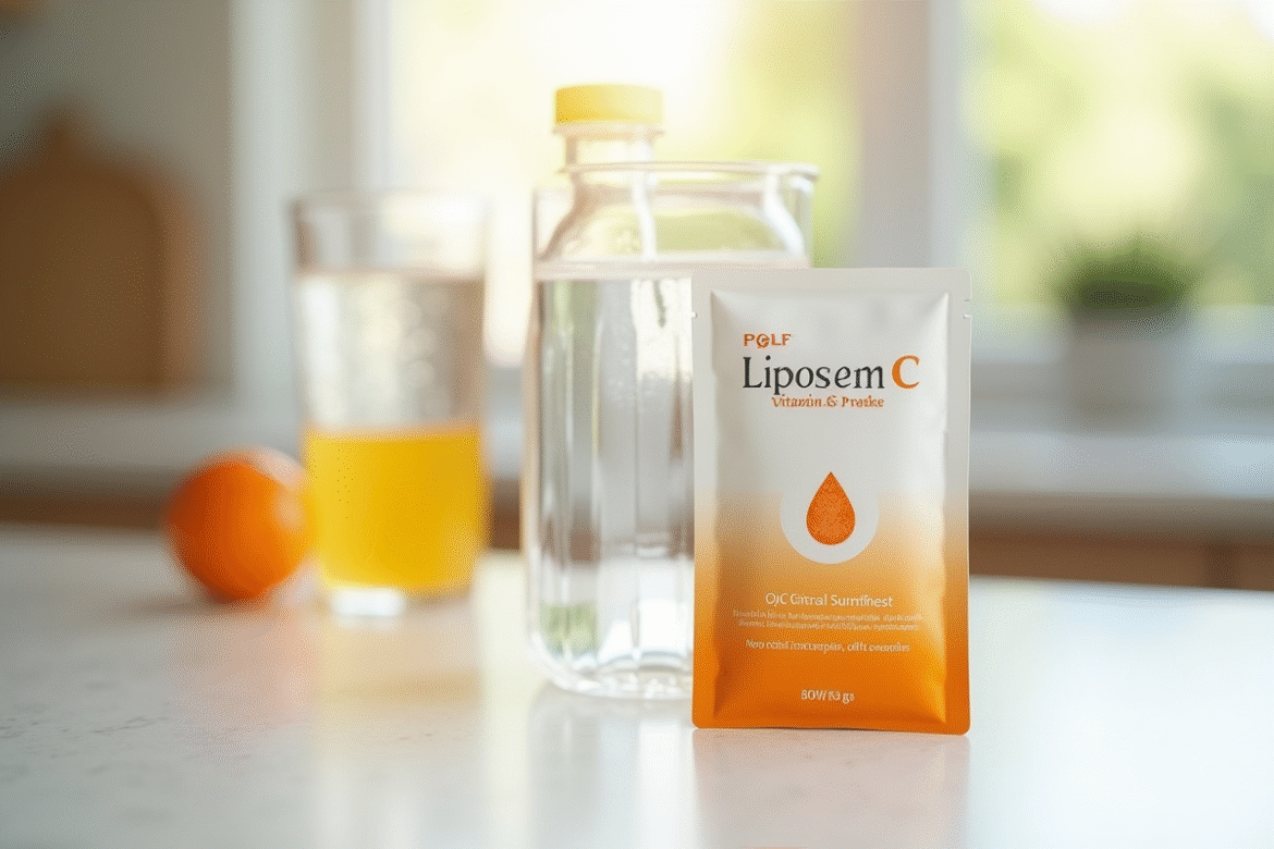 Supplements de vitamine C liposomale sur un plan de travail lumineux