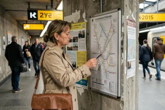 Voyageuse consultant le plan du RER sur un quai de gare parisienne souterraine