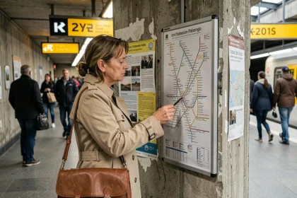 Voyageuse consultant le plan du RER sur un quai de gare parisienne souterraine
