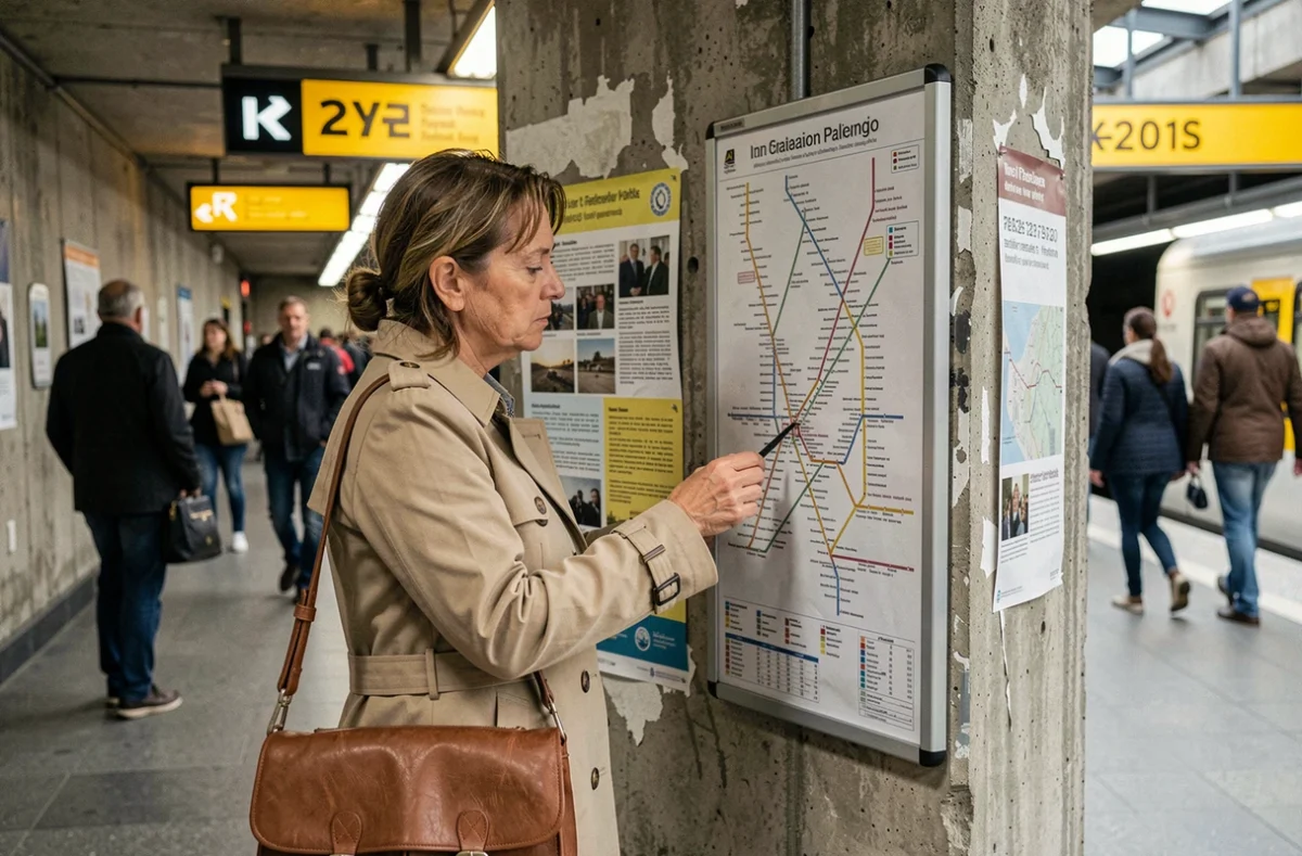 Voyageuse consultant le plan du RER sur un quai de gare parisienne souterraine