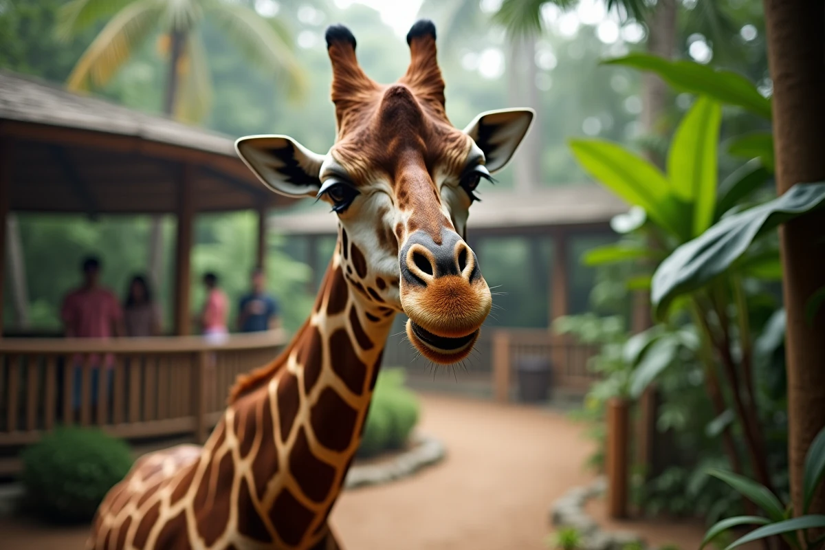Vraie girafe dans un zoo tendant son long cou vers une plateforme de nourrissage avec une végétation tropicale en arrière-plan