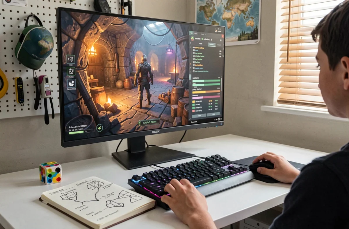 Vue par-dessus l'épaule d'un joueur avec un carnet de stratégie et un écran montrant la progression XP dans une mine Dofus 3
